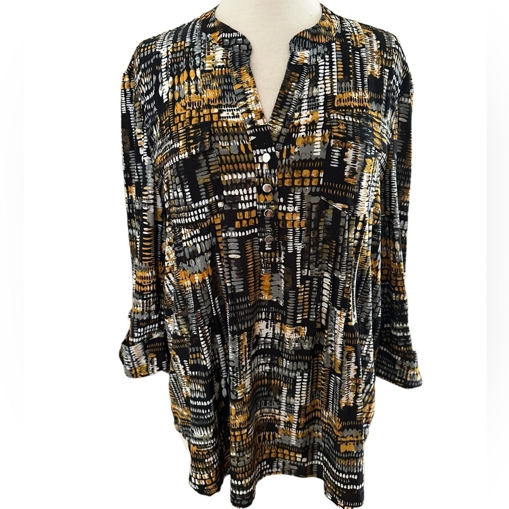 COCOMO XL Black Gray Yellow 3/4 sleeve women’s Pintuck Blouse top shirt